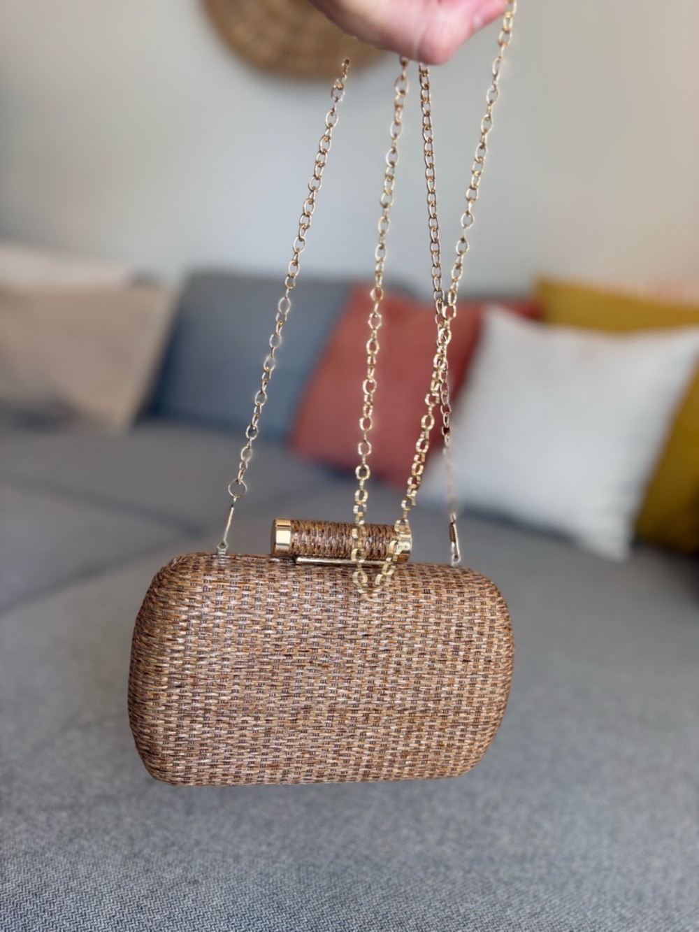 Woven Clutch Crossbody Purse Party Summer Beach Vacation Festival Bag Gold Chain - Picture 10 of 15